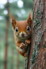 Cute squirrel peeking from tree trunk in forest