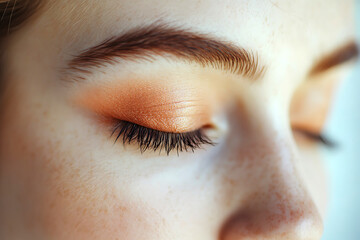 Obraz premium Close-up of an eye with warm-toned makeup showcasing natural skin texture and eyebrow definition.