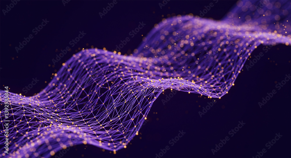 Poster a wave connecting purple and blue lines and dots. concept of big data and technology. abstract backg
