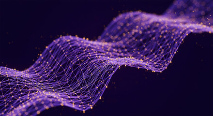 A wave connecting purple and blue lines and dots. Concept of big data and technology. Abstract background with dynamic wave with golden dots. 3D rendering.