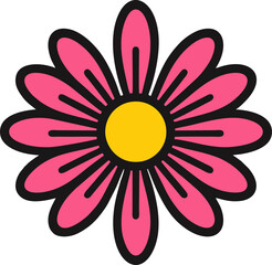 Bold Pink Daisy with Yellow Center, This striking design features a vibrant pink daisy with a bold black outline surrounding its elongated petals and a bright yellow center. 