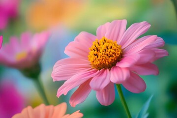 Obraz premium Pink Flower, Yellow Center, Colorful Background, Bloom, Blossom, Petals, Nature, Garden, Floral, Beauty