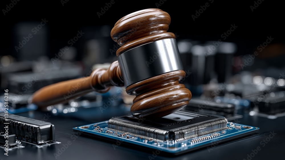 Poster a judge's gavel set against an abstract tech background symbolizes the fusion of justice and advance