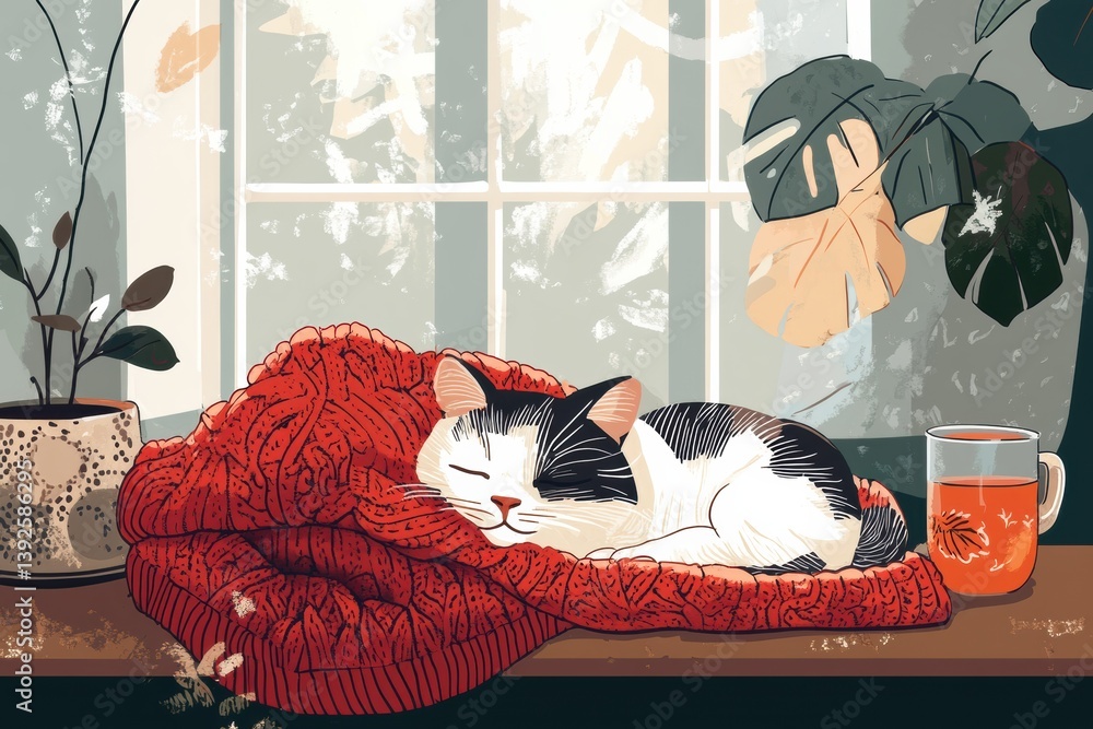 Poster comforting cozy indoor setting with a happy cat resting on a knitted blanket, surrounded by warm tea