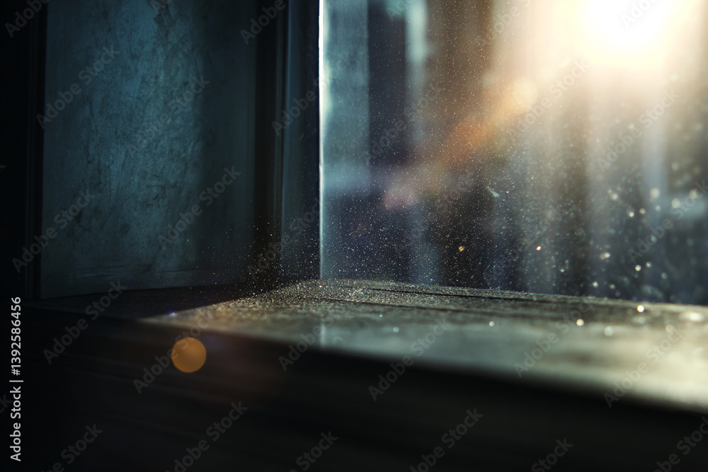 Poster dust motes illuminated by sunlight on a dark windowsill, creating a dreamy, atmospheric scene, sugge