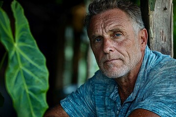 Relaxed man portrait in rustic setting surrounded by tropical plants