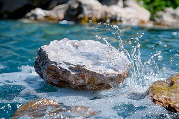Rugged rocks with water splashes in a serene landscape showcasing light and shadow interplay