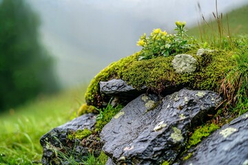 Close-up of textured rocks covered in moss with a misty dreamy atmosphere