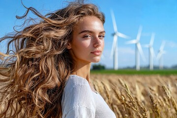 Young woman standing in a field with wind turbines under a clear blue sky