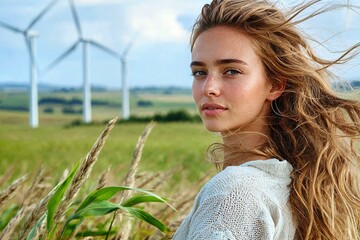 Joyful youthful figure in light garment surrounded by green fields and wind turbines