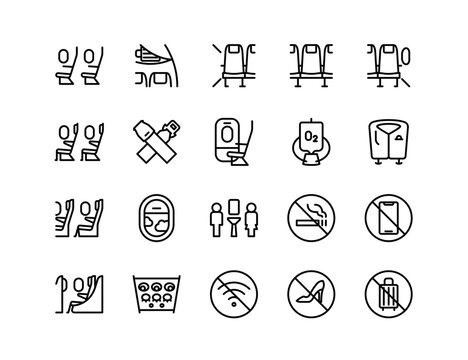 Airplane Travel Vector Icon Set | Adjustable Line Weight | Seats, lavatory, overhead bin, emergency exit, oxygen mask, no smoking, no mobile icons