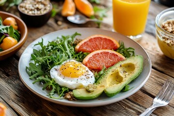 Healthy Breakfast with Egg, Avocado, Grapefruit, and Fresh Greens