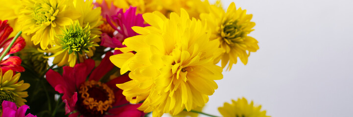 This vibrant bouquet of colorful Zinnia and Rudbeckia Goldquelle flowers brings a cheerful touch to home decor, ideal for a bright and seasonal summer arrangement, banner