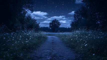 Obraz premium Night path, wildflowers, starry sky, forest