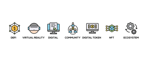 Metaverse banner web icon vector illustration concept with icon of defi, virtual reality, digital asset, community, digital token, nft, blockchain and ecosystem