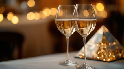 Elegant glasses of sparkling wine on a table with a glowing pyramid centerpiece