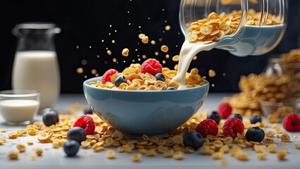 A close-up shot of milk being poured into a blue-rimmed bowl filled with granola