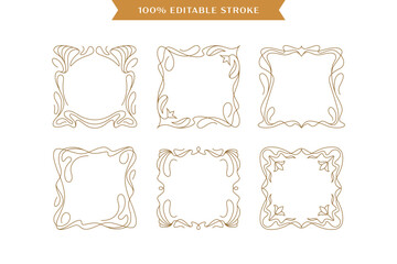Art Nouveau modern style square floral frames set. Elegant linear decorative design element with editable stroke.