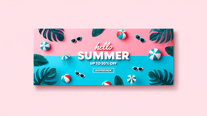 Promotional summer banner with beach accessories and discount text on pink and blue split background.