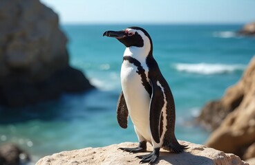 Fototapeta premium African penguin stands on rock near sea. Black-white bird native of African coast. Photo highlights eco issues, animal life in wild, natural beauty, marine ecosystem with focus on environment