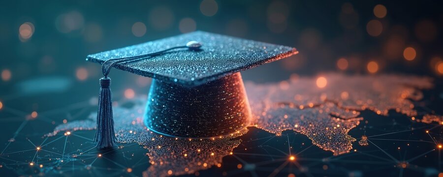 Futuristic graduation cap floats above digital map. Global tech integration. Digital world network platform for education. Online learning, future of knowledge, remote schooling. Symbol achievement,