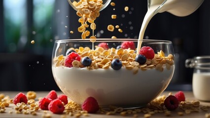 A close-up shot of milk being poured into a blue-rimmed bowl filled with granola