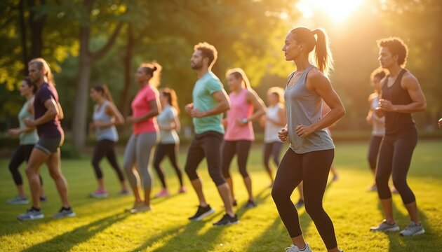 Group of diverse people exercise in park. Fitness instructor leads outdoor class. Participants engaging in physical activity to improve health prevent diabetes. People enjoy active, healthy lifestyle