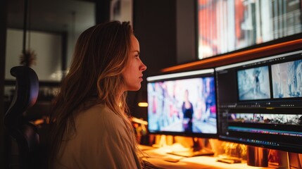 Creative Vision: A focused individual, illuminated by the glow of dual monitors, meticulously shapes digital content within a contemporary workspace, embodying dedication and ingenuity.