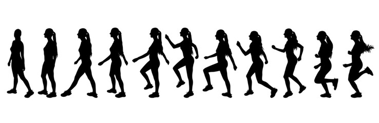 Woman athlete is running, from walking to sprinting, sequence of running poses, set of silhouettes. Vector illustration