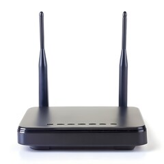 Black wireless Internet router isolated on white, side view, clipping