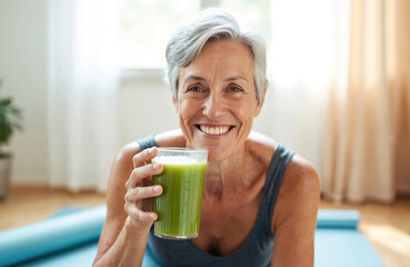 Mature woman smiling while drinking juice. Happy senior female enjoys healthy green smoothie on exercise mat. Active, healthy lifestyle, positive ageing concept. Drink, wellness.
