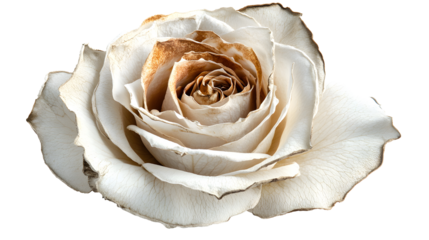 Close-up of dried white rose with aged petals on transparent background