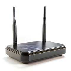 Black wireless Internet router isolated on white, side view, clipping