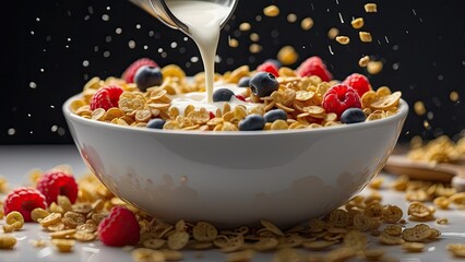 A close-up shot of milk being poured into a blue-rimmed bowl filled with granola