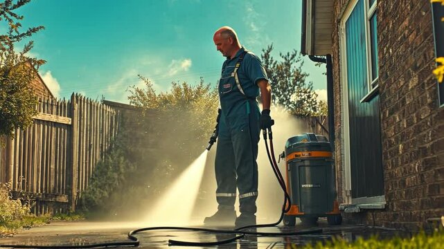 This footage captures a man using a power washer to clean a patio. It showcases effective outdoor cleaning techniques for homeowners. Ideal for instructional or promotional uses. Generative AI