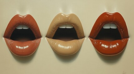 Fototapeta premium Three open mouths with different lip colors on beige background