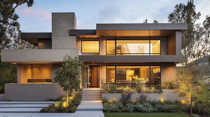 Fototapeta premium Modern home with warm facade and large windows, surrounded by greenery