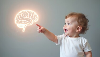 Happy toddler points glowing brain graphic, children incredible mind potential, learning, growth. Education, childhood development, curiosity, smart future. Healthcare medicine, psychology, neural