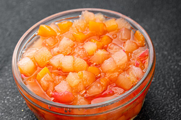 Fruits in syrup organic fruit and berries sweet dessert tasty fresh delicious gourmet food background on the table rustic food top view copy space