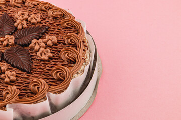 Delicious chocolate cake decorated with leaves on a pink background