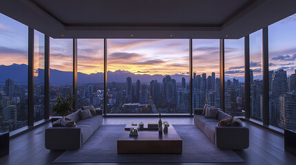 Fototapeta premium Luxurious penthouse with panoramic city views at sunset, featuring modern decor
