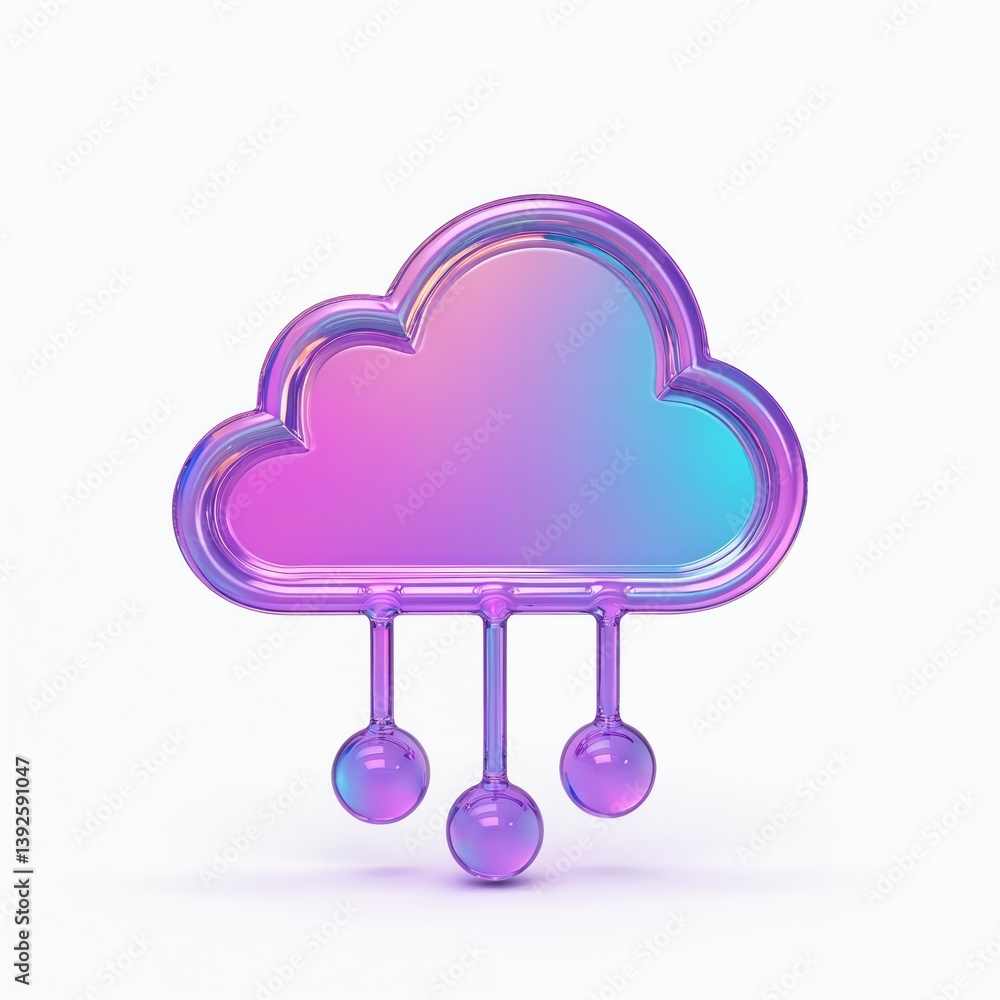 Poster holographic 3d glass cloud icon. abstract symbol of artificial intelligence, digital data storage, c