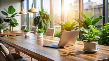 Serene Modern Workspace Long Exposure Photography Captures a Stylish Office Setup with Laptop Wooden Table and Greenery