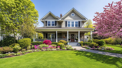 beautiful suburban home with lush front yard and vibrant flowers
