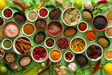 A colorful assortment of fresh, fragrant spices and herbs displayed on a soft green background, capturing a vibrant culinary essence