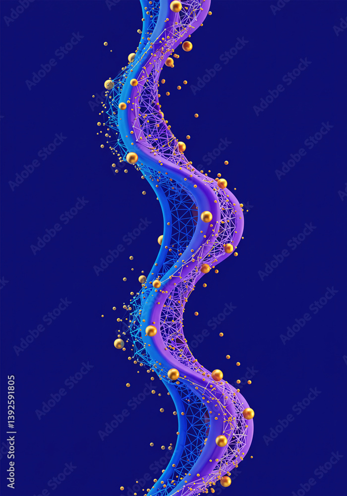 Poster a wave connecting purple and blue lines and dots. concept of big data and technology. abstract backg