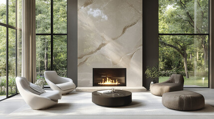 Modern living room with fireplace and large windows overlooking nature