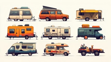 Collection of vintage campervans and trailers, diverse designs and colors, side view illustration.