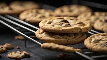 Freshly baked chocolate chip cookies cooling on a wire rack with a warm