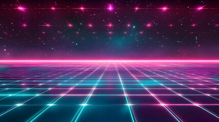 grid with electric magenta and turquoise glowing lines in a dark digital space 